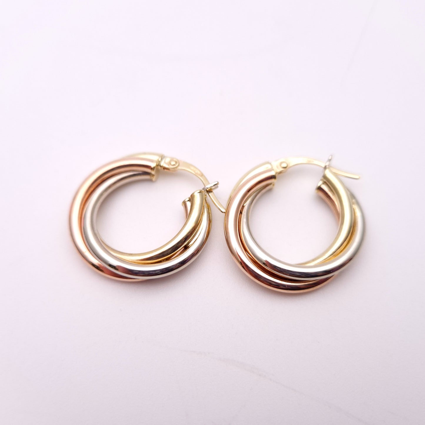 9ct Tricolour Gold Twisted Round Creole Hoop Earrings