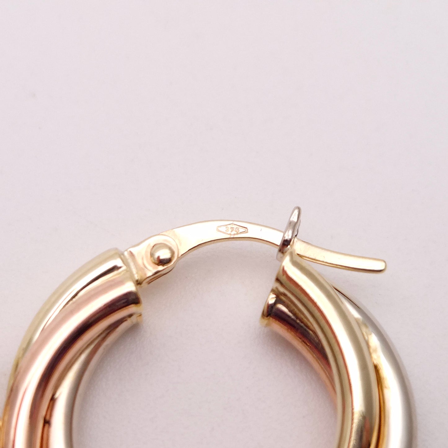 9ct Tricolour Gold Twisted Round Creole Hoop Earrings