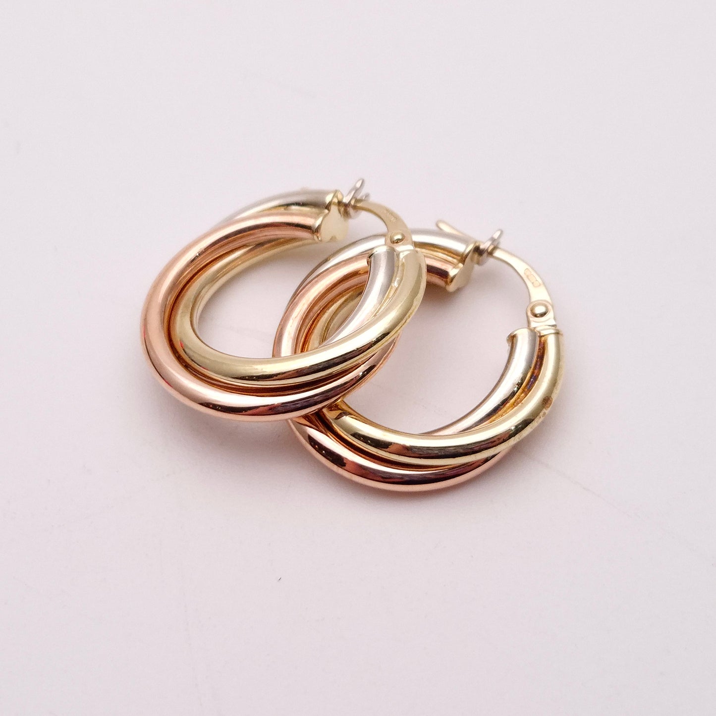9ct Tricolour Gold Twisted Round Creole Hoop Earrings