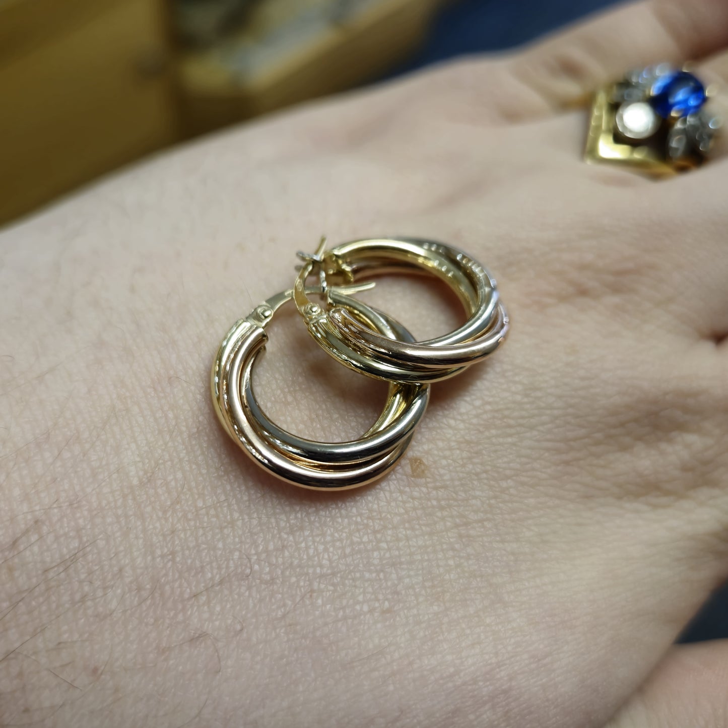 9ct Tricolour Gold Twisted Round Creole Hoop Earrings