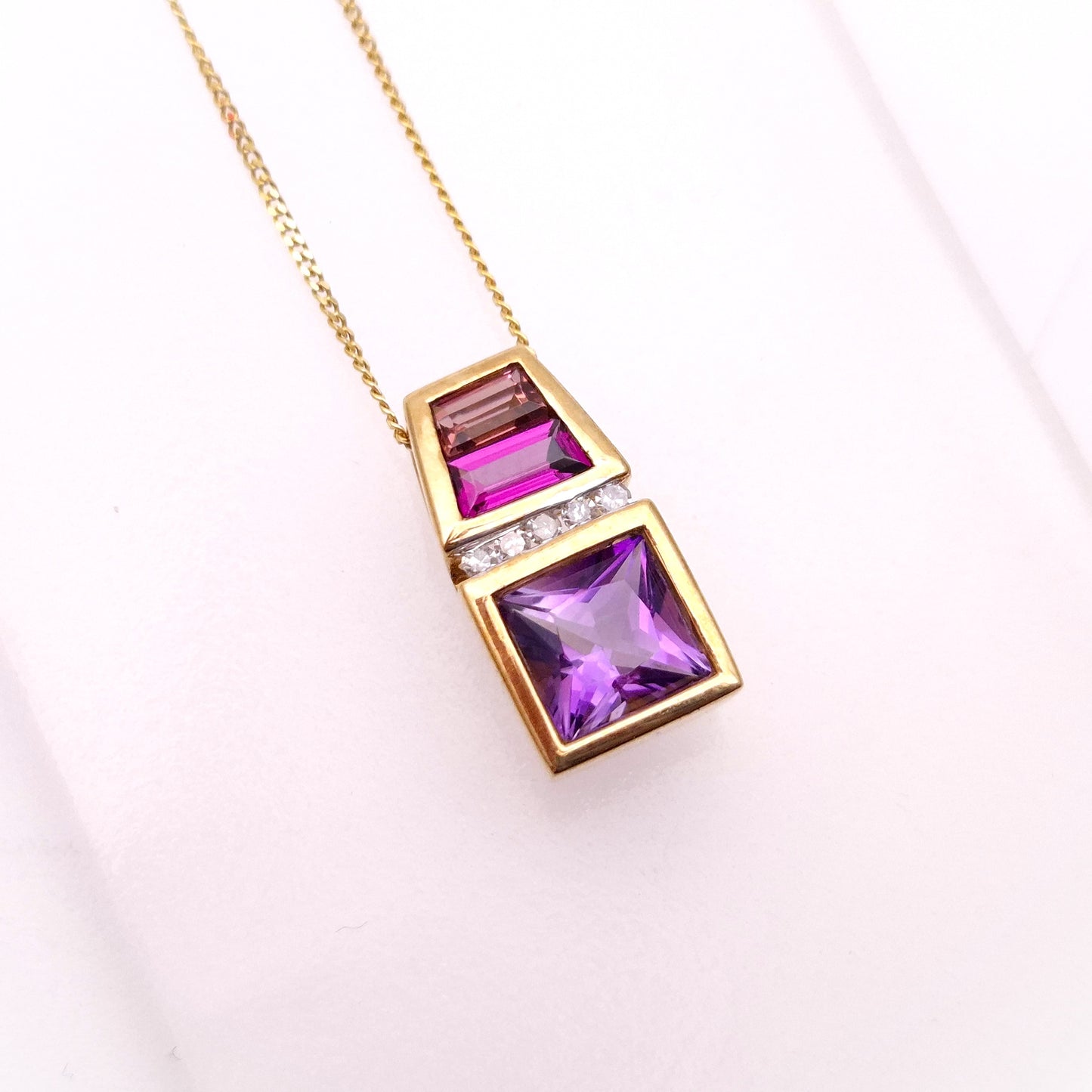 9ct Yellow Gold Amethyst, Garnet, Tourmaline and Diamond Pendant and Chain Neckl
