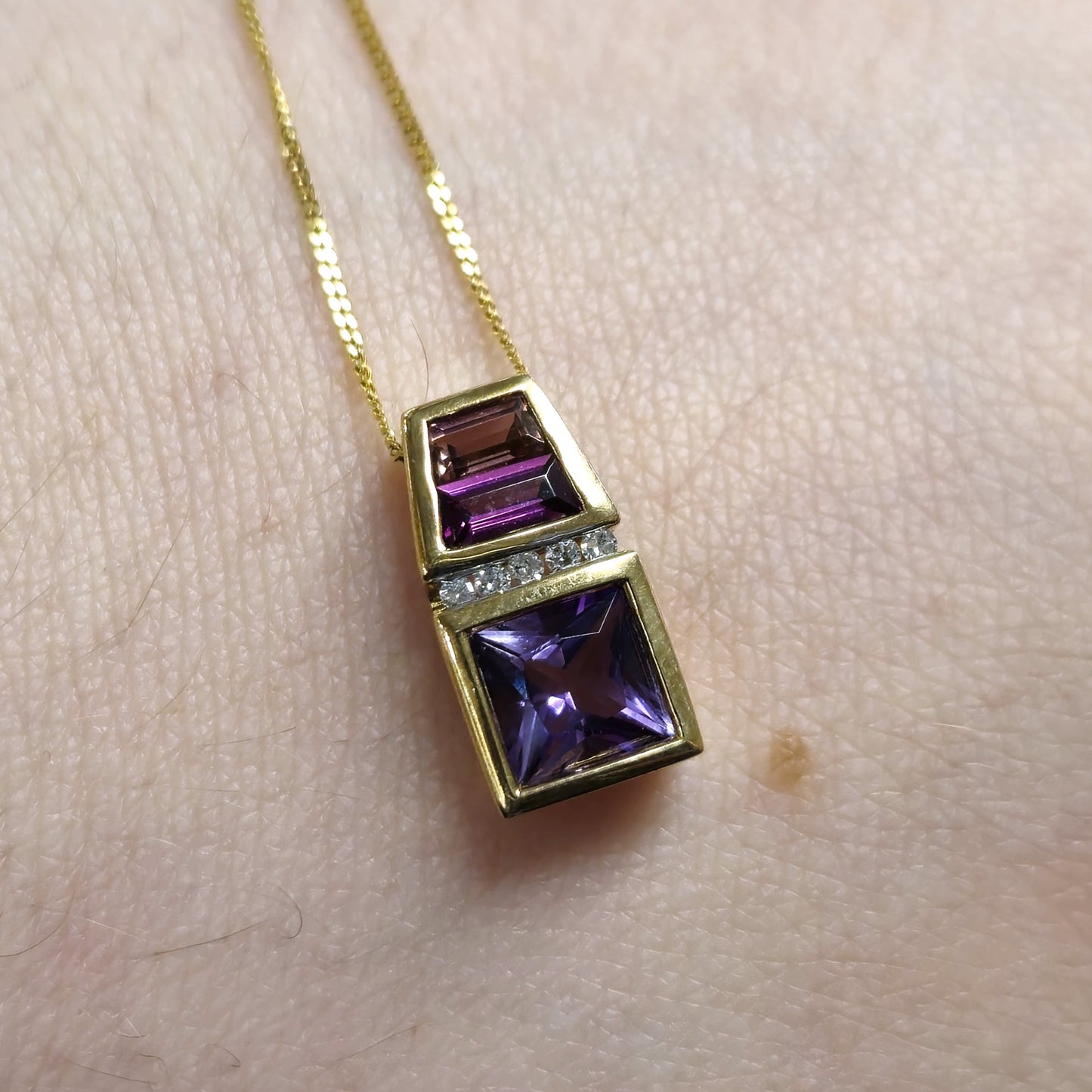 9ct Yellow Gold Amethyst, Garnet, Tourmaline and Diamond Pendant and Chain Neckl