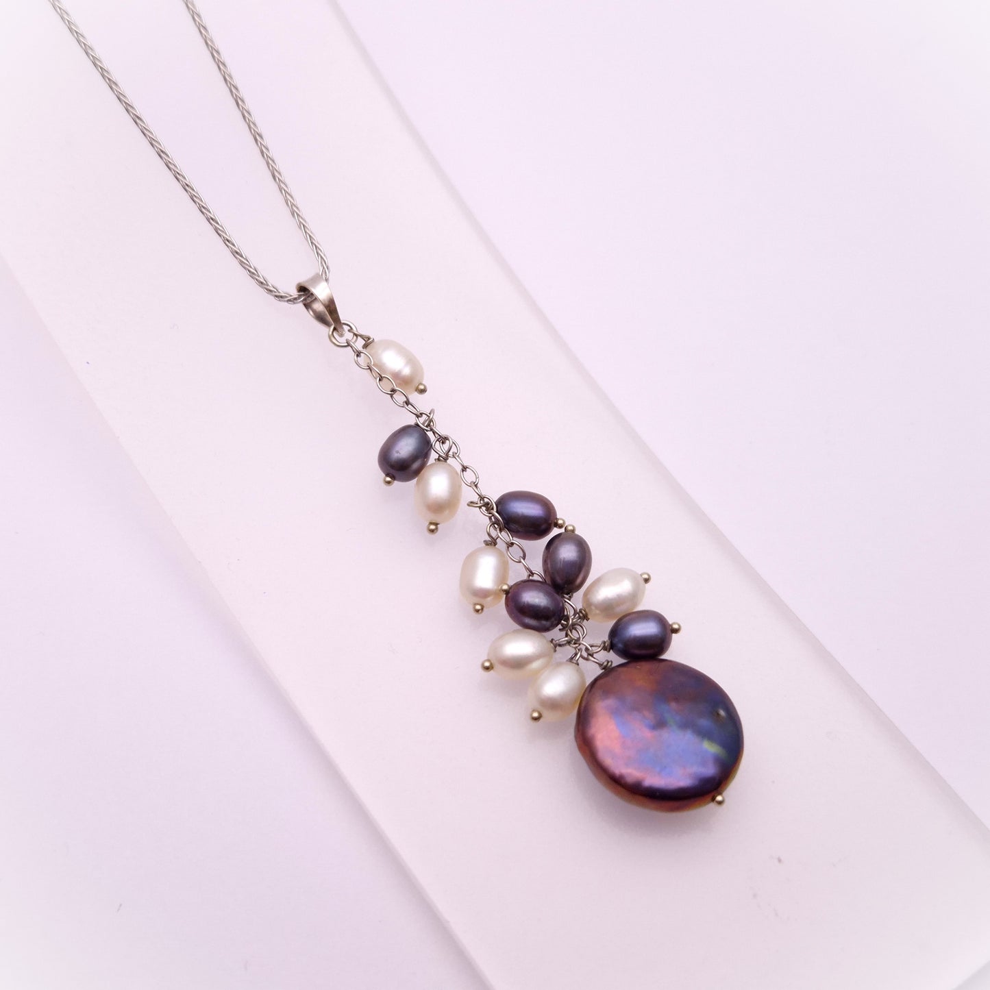 14ct White Gold Multicolour Pearl Drop Pendant and 9ct White Gold Chain