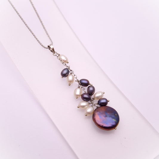 14ct White Gold Multicolour Pearl Drop Pendant and 9ct White Gold Chain