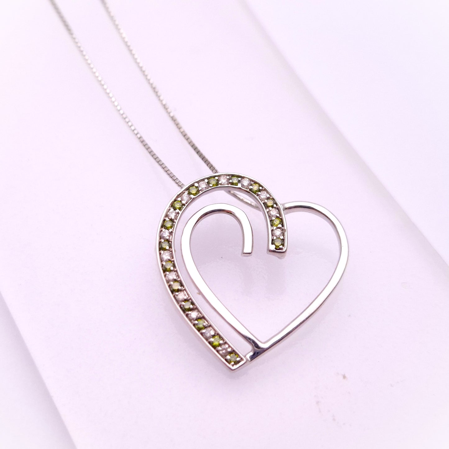 9ct White Gold Green and White Stone Open Heart Pendant and 18 inch Box Chain