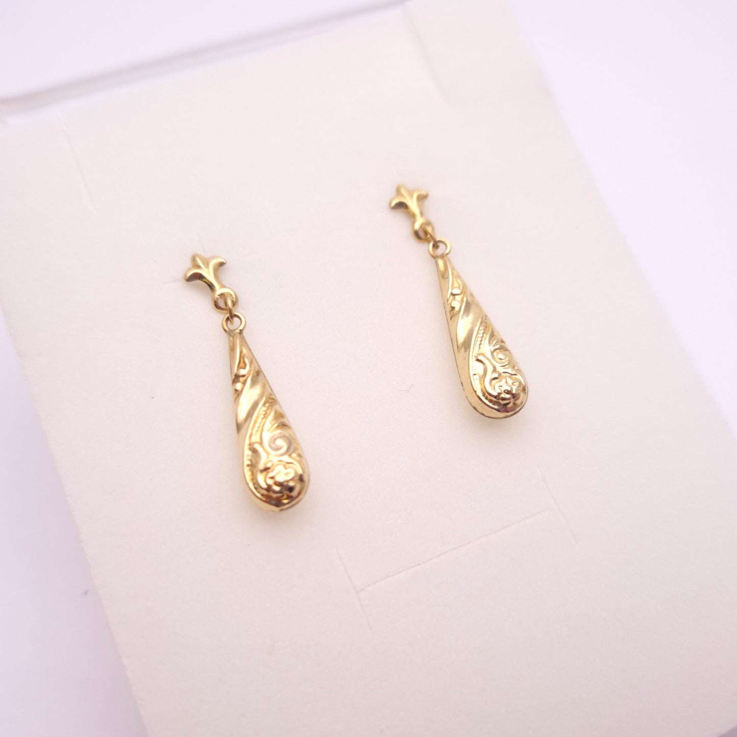 9ct Yellow Gold Embossed patterned Teardrop Drop Earrings