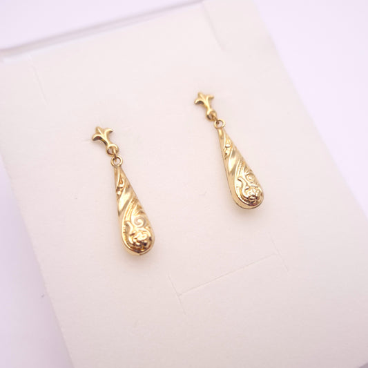 9ct Yellow Gold Embossed patterned Teardrop Drop Earrings