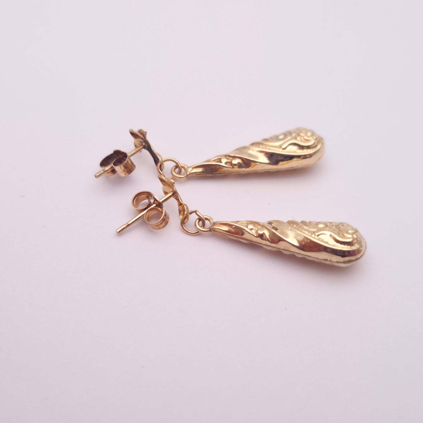 9ct Yellow Gold Embossed patterned Teardrop Drop Earrings