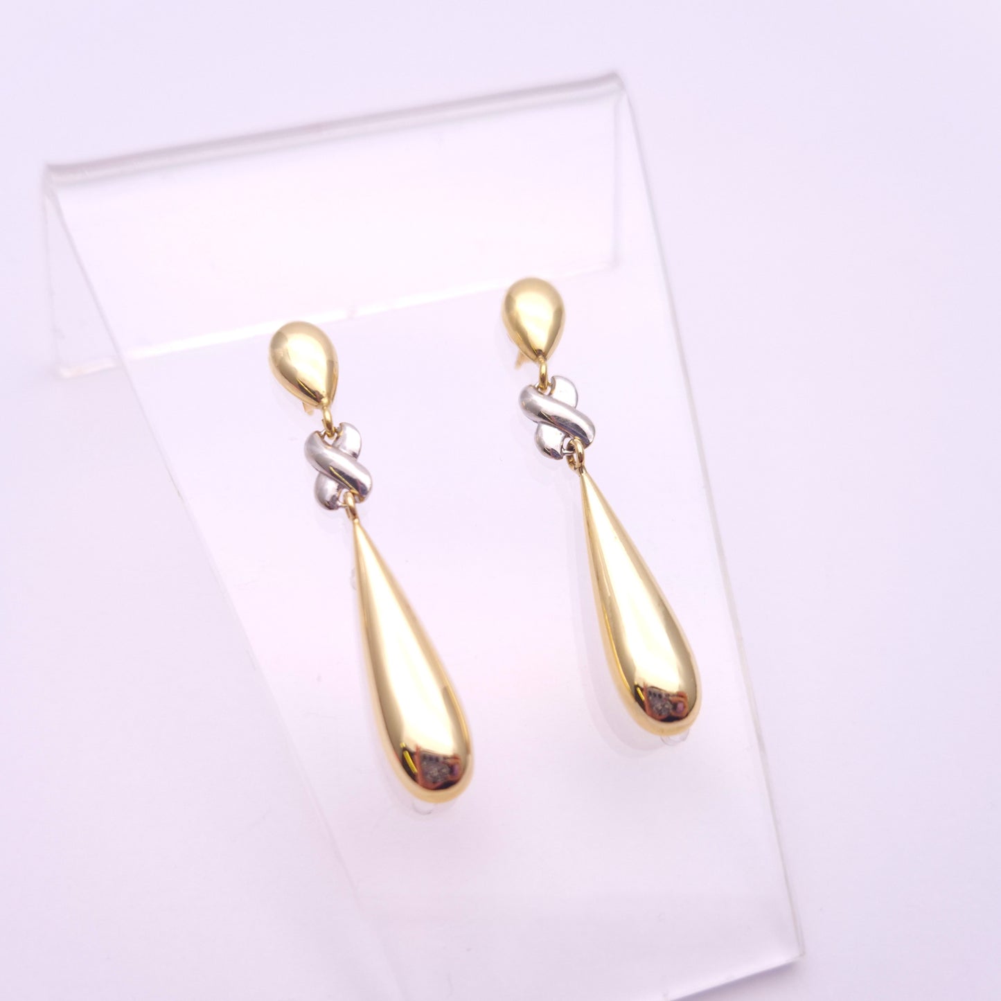 18ct Two Tone 'kiss' X cross and Teardrop Dangle Drop Earring