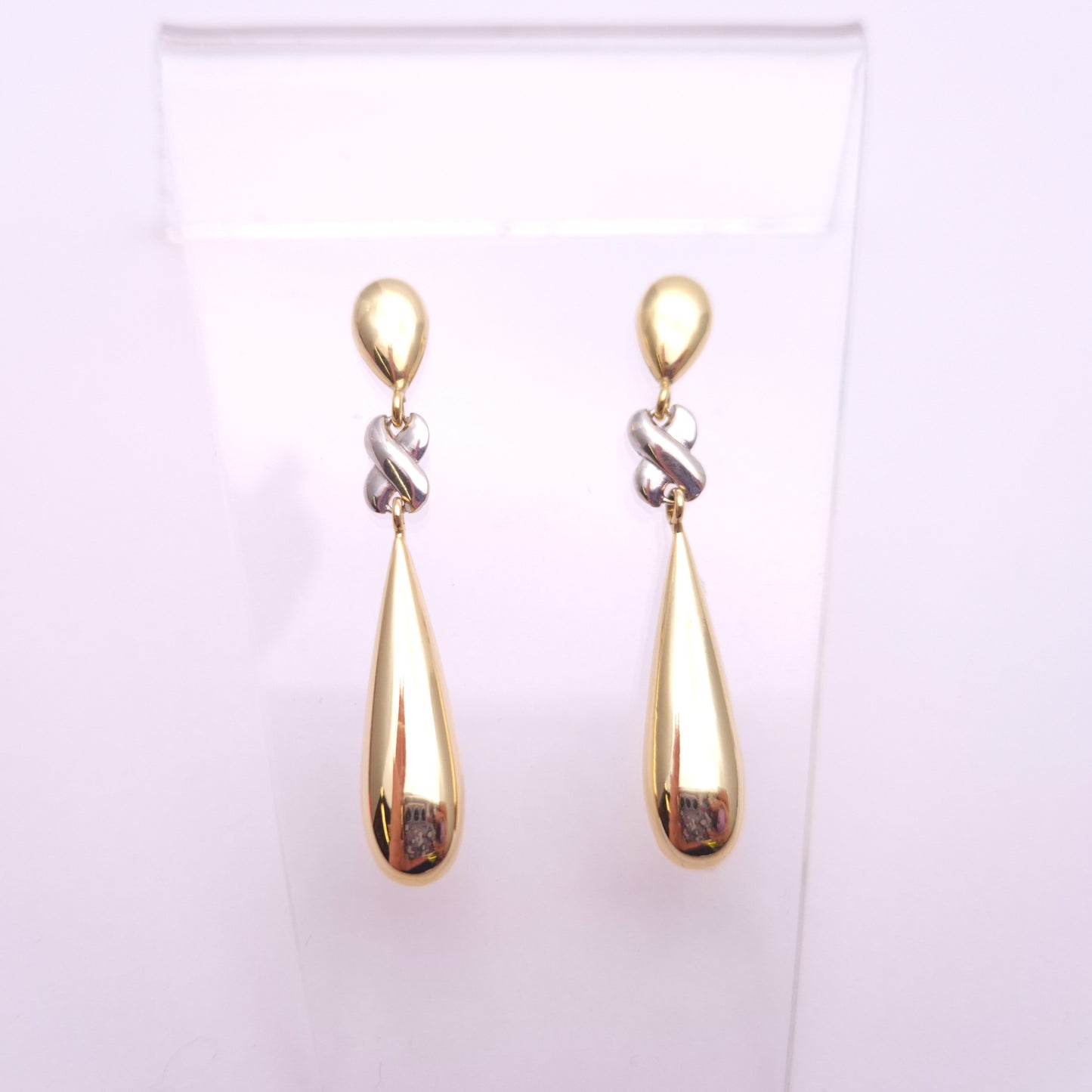 18ct Two Tone 'kiss' X cross and Teardrop Dangle Drop Earring