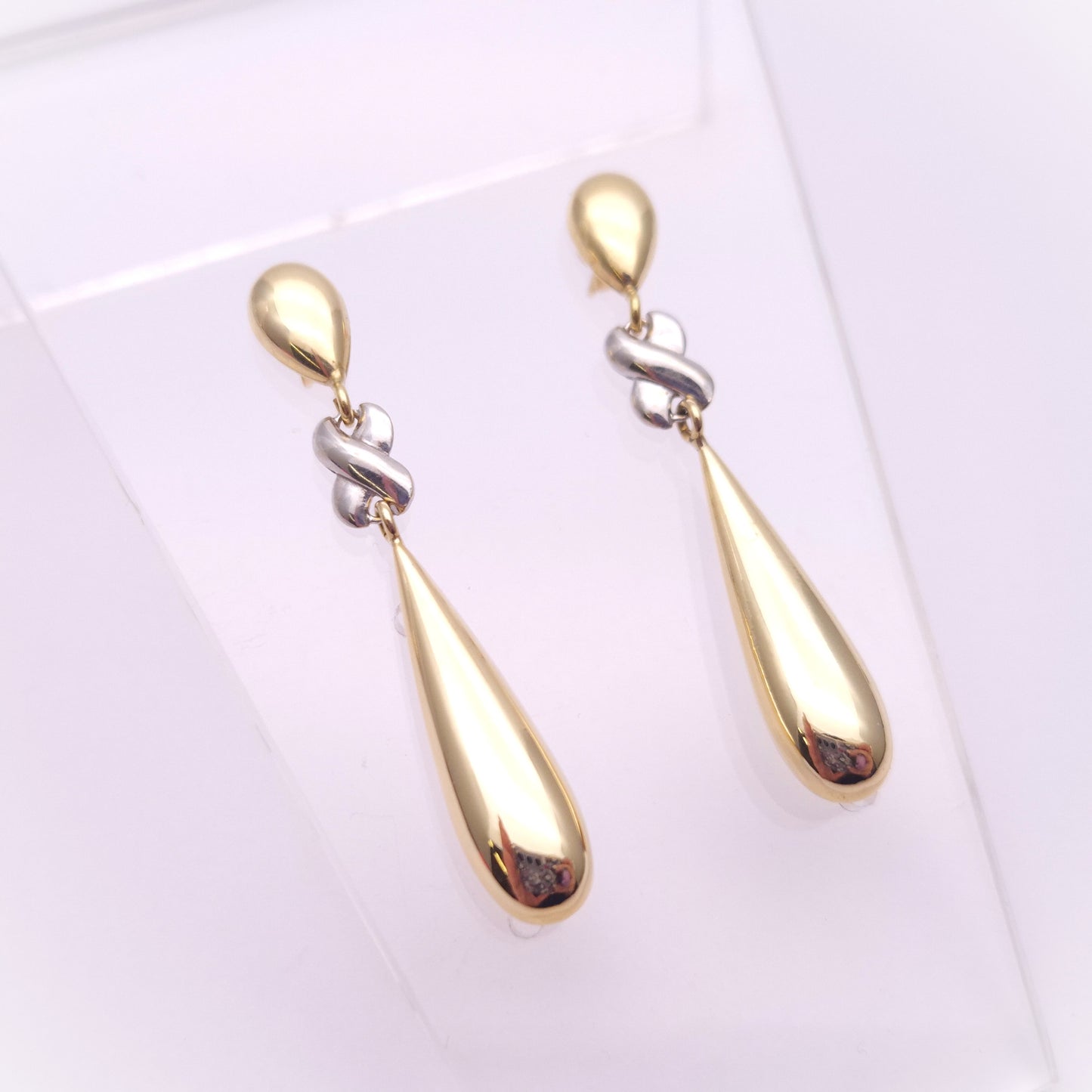 18ct Two Tone 'kiss' X cross and Teardrop Dangle Drop Earring