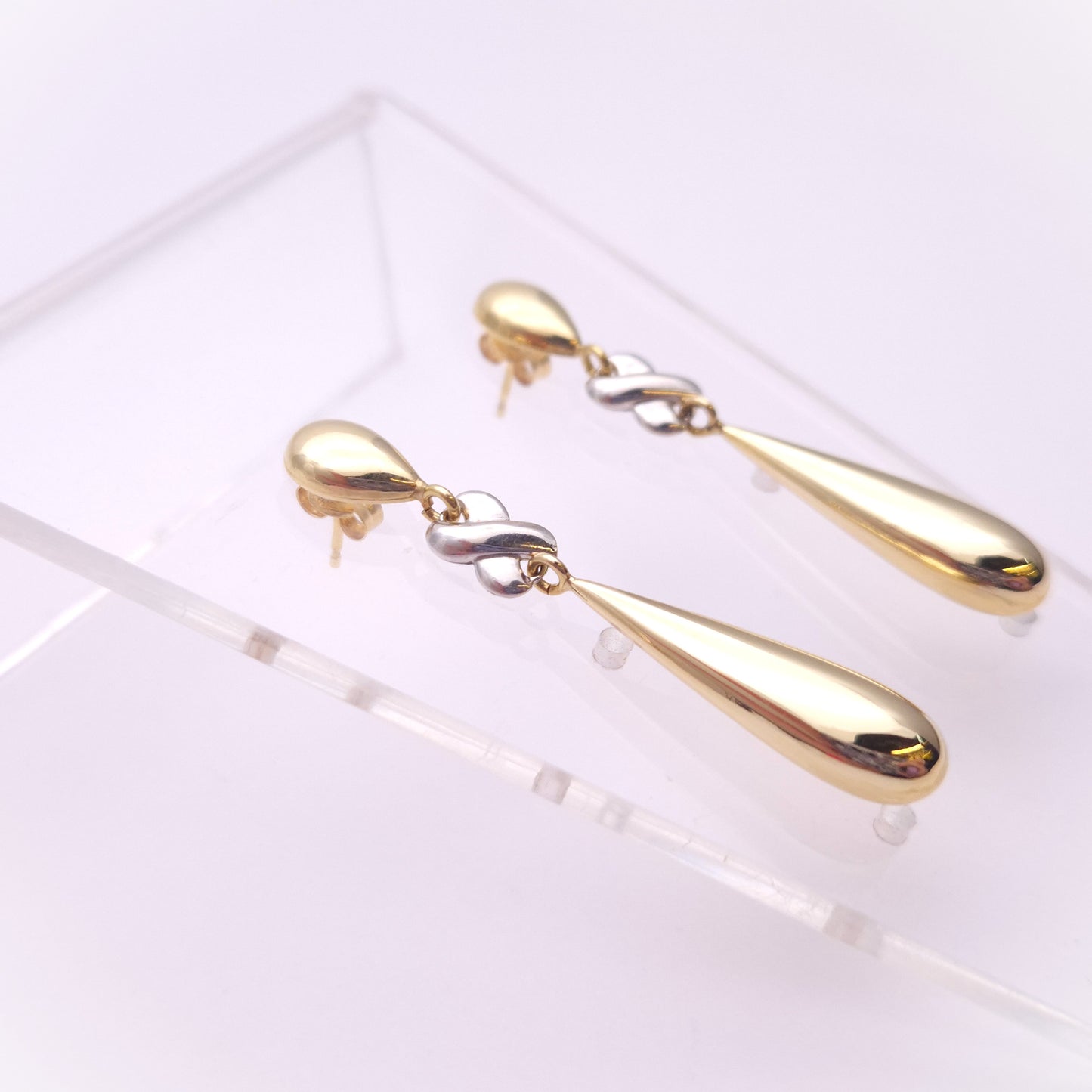 18ct Two Tone 'kiss' X cross and Teardrop Dangle Drop Earring