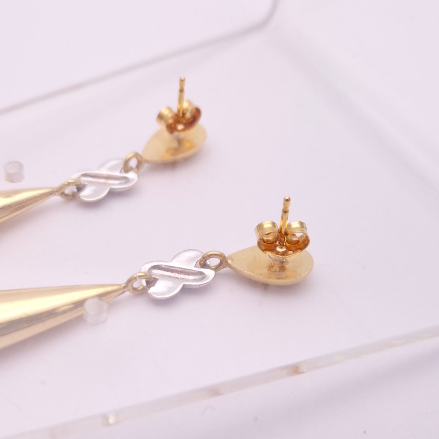 18ct Two Tone 'kiss' X cross and Teardrop Dangle Drop Earring