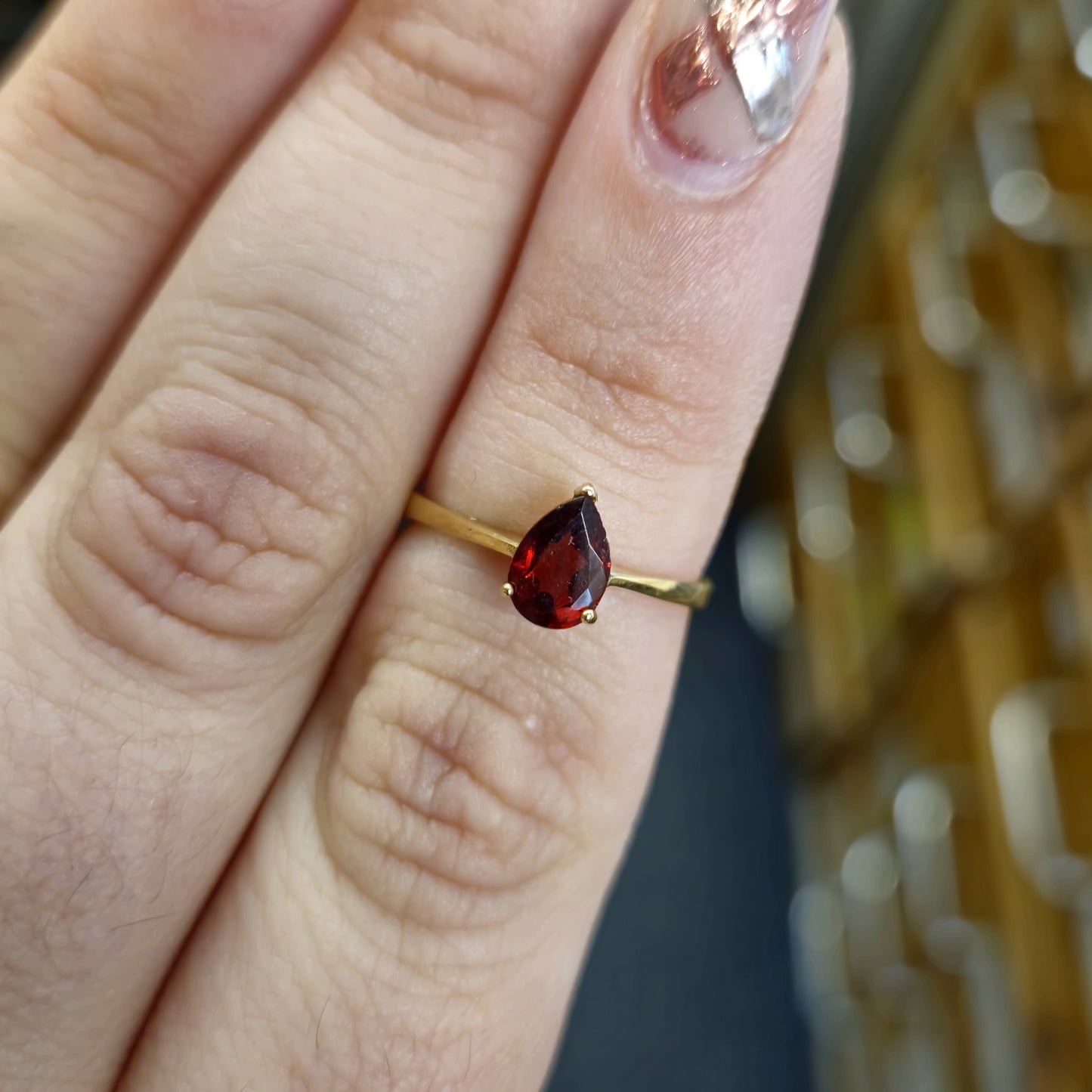 9ct Yellow Gold Pear Shaped Garnet Solitaire Ring
