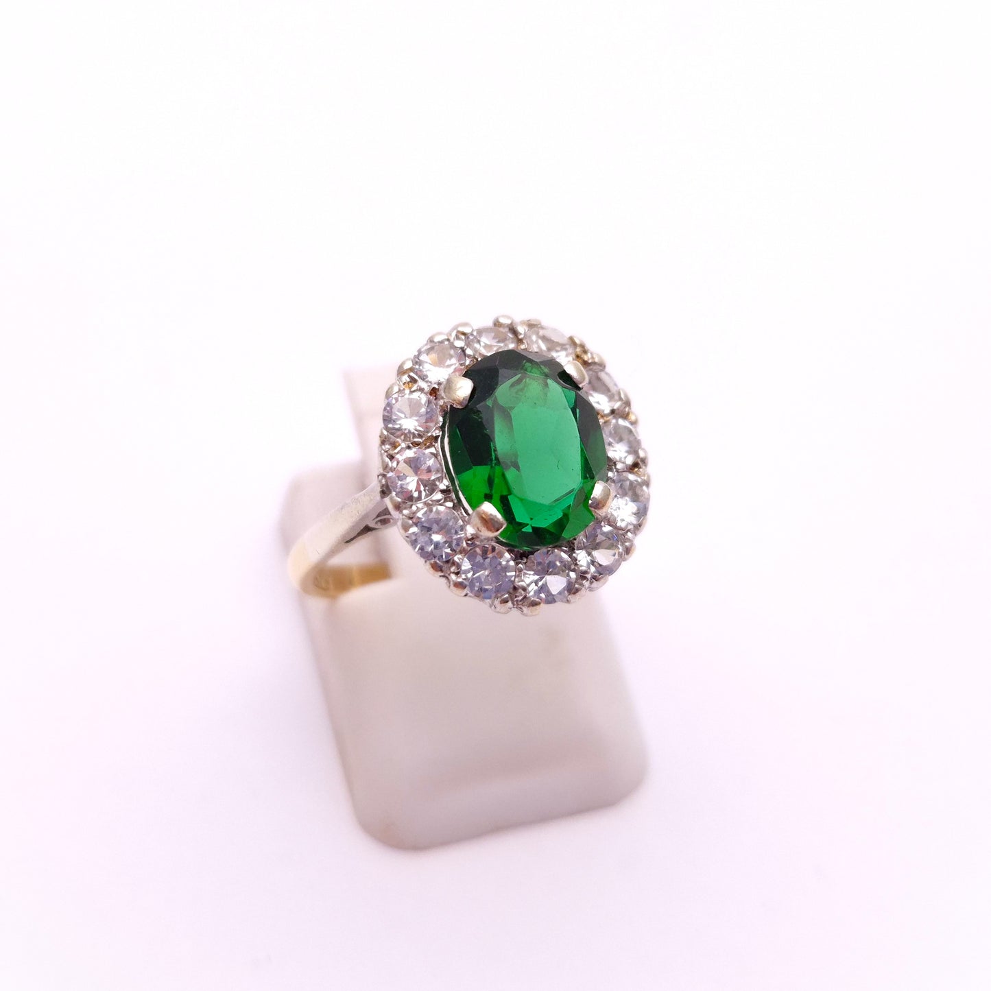 9ct Yellow Gold and Silver Green and White Paste Stone Ring
