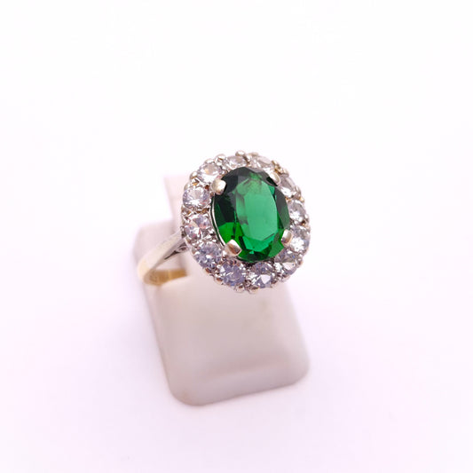 9ct Yellow Gold and Silver Green and White Paste Stone Ring