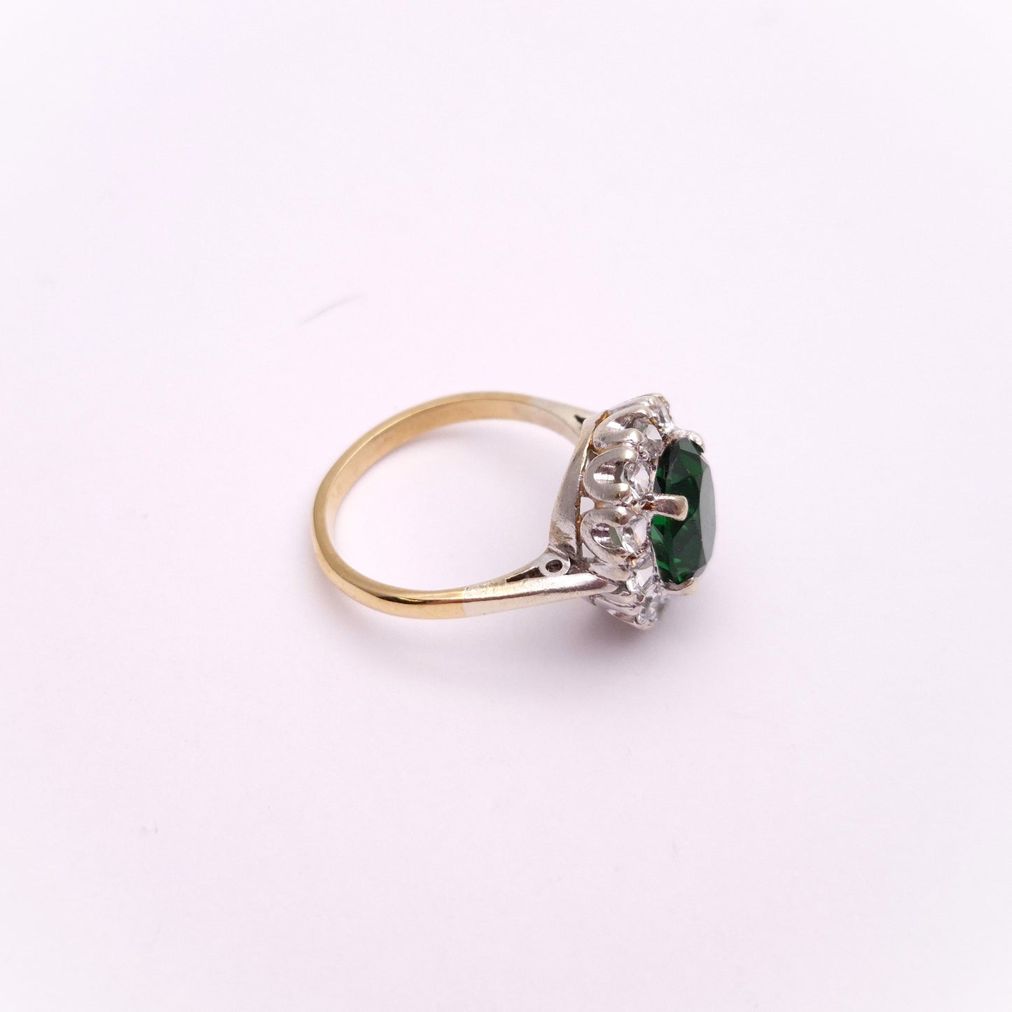 9ct Yellow Gold and Silver Green and White Paste Stone Ring