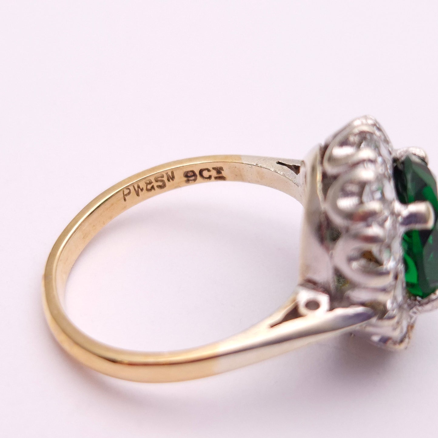 9ct Yellow Gold and Silver Green and White Paste Stone Ring