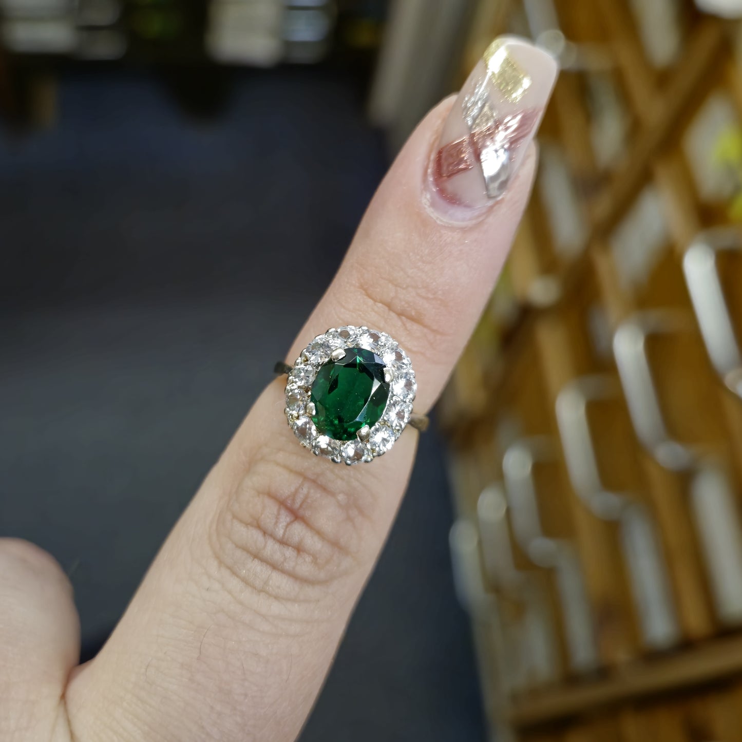 9ct Yellow Gold and Silver Green and White Paste Stone Ring