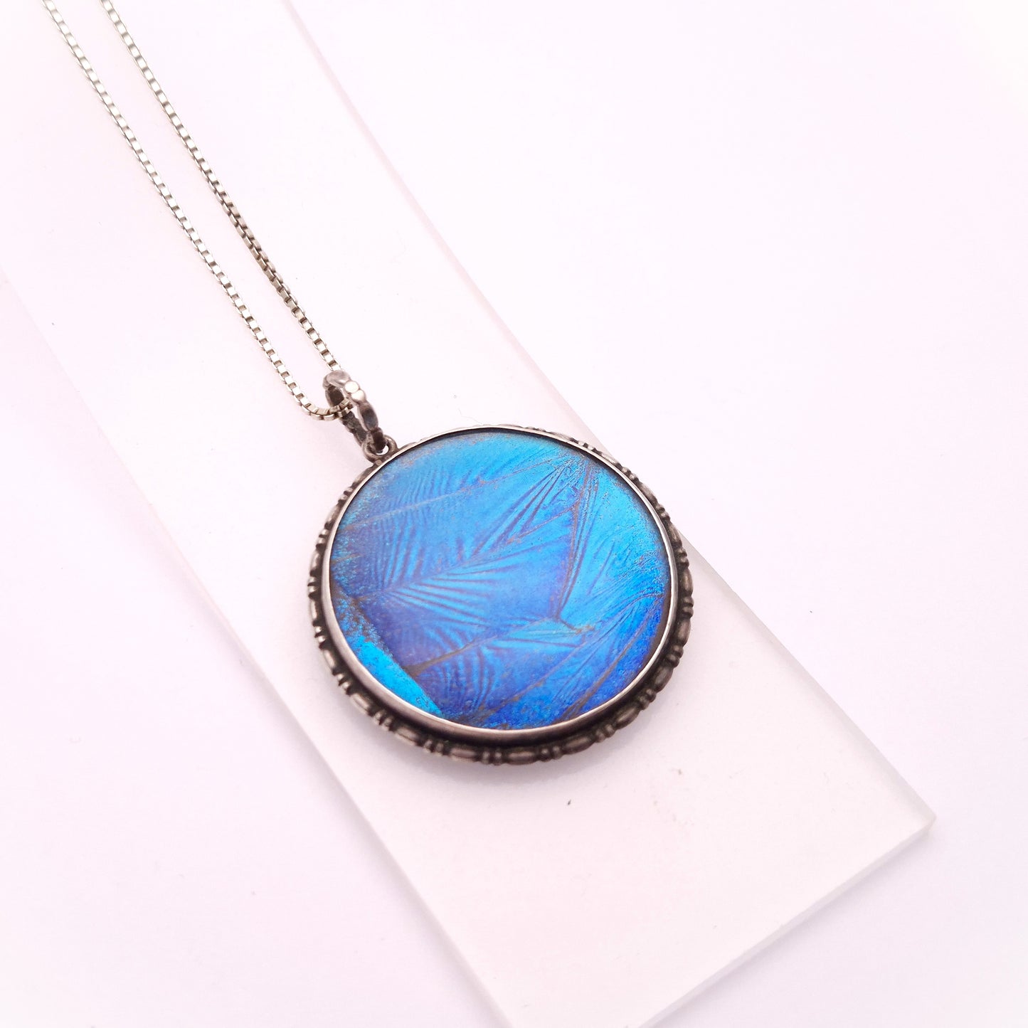 Sterling Silver Vintage Blue Morpho Butterfly Wing Pendant and Chain Necklace