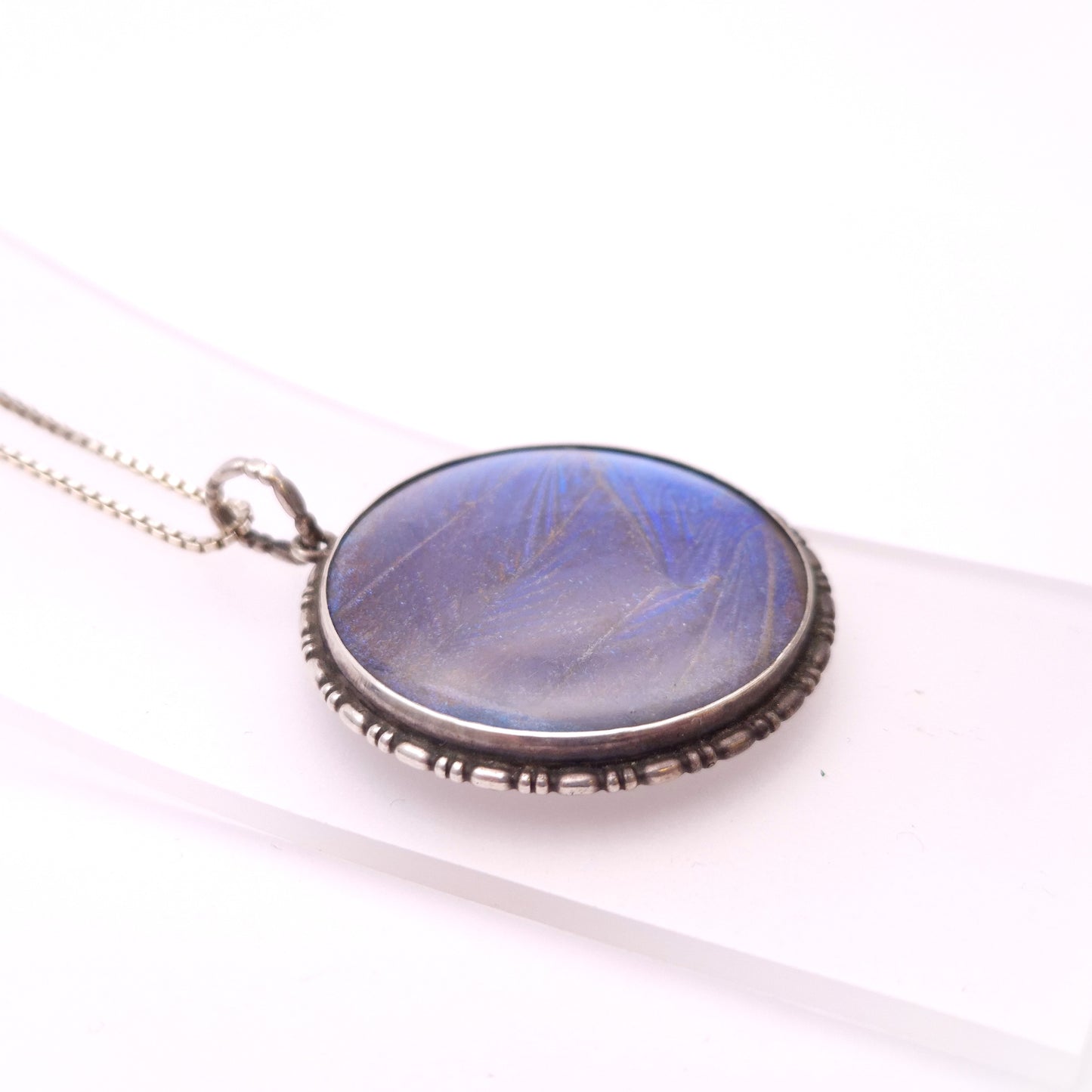 Sterling Silver Vintage Blue Morpho Butterfly Wing Pendant and Chain Necklace
