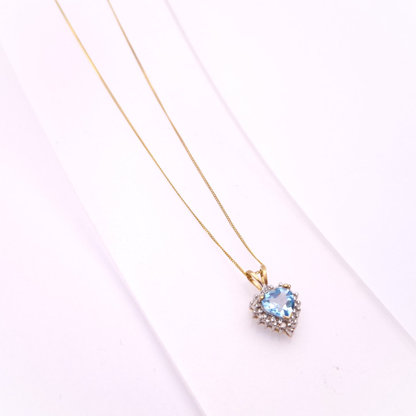 9ct Yellow Gold Blue Topaz and diamond Heart Shaped Cluster Pendant and Chain necklace