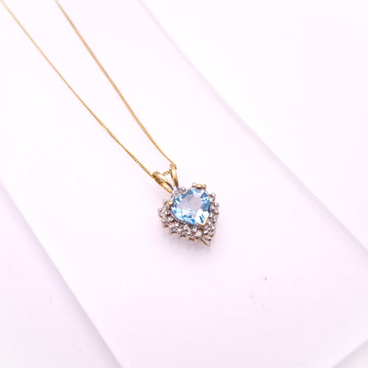 9ct Yellow Gold Blue Topaz and diamond Heart Shaped Cluster Pendant and Chain necklace