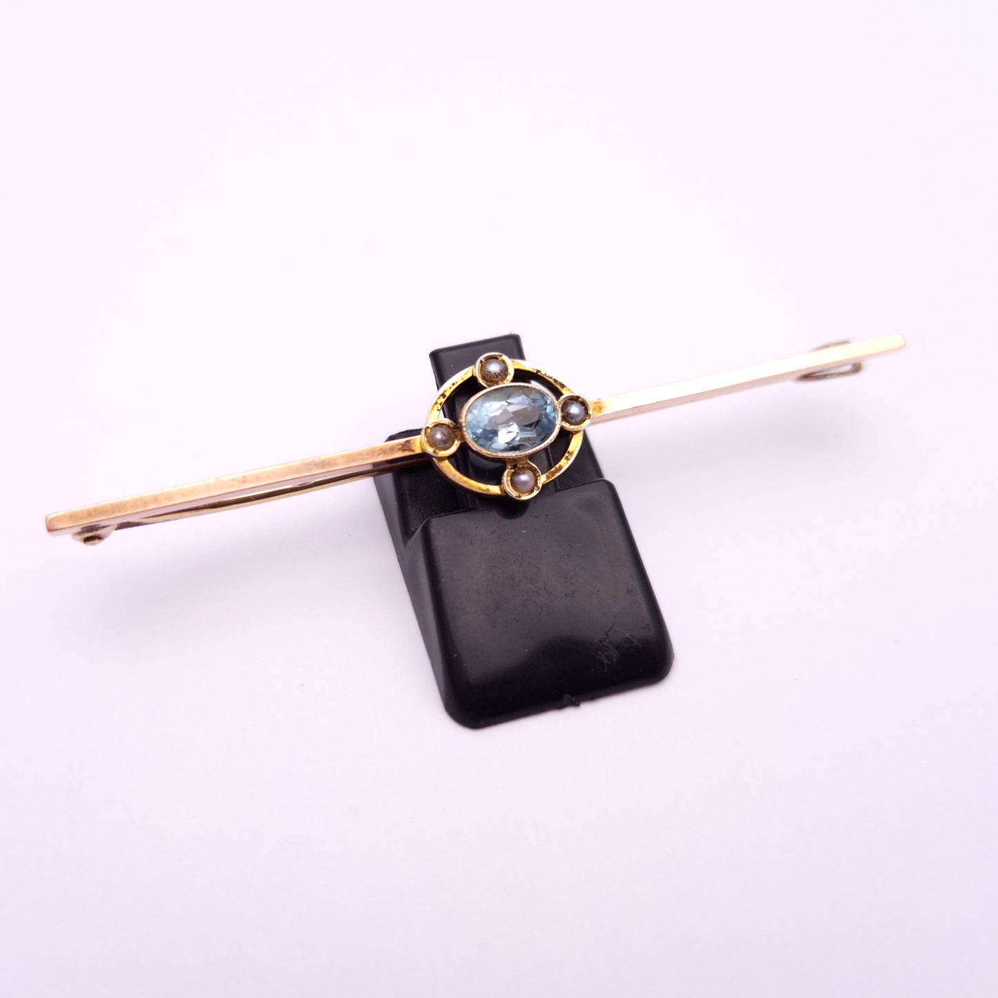 9ct Rose Gold Aquamarine and Seed Pearl Antique Bar Brooch