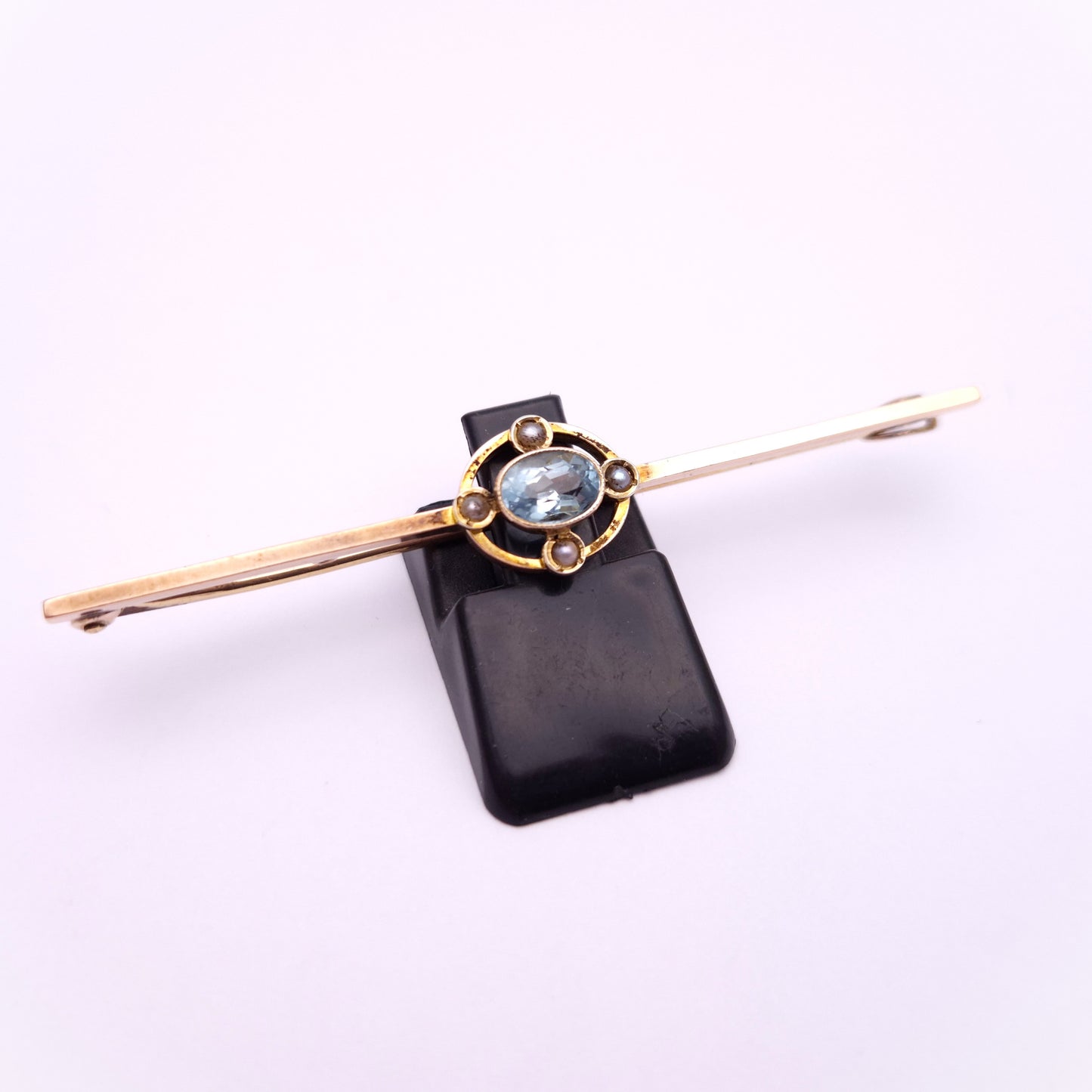9ct Rose Gold Aquamarine and Seed Pearl Antique Bar Brooch