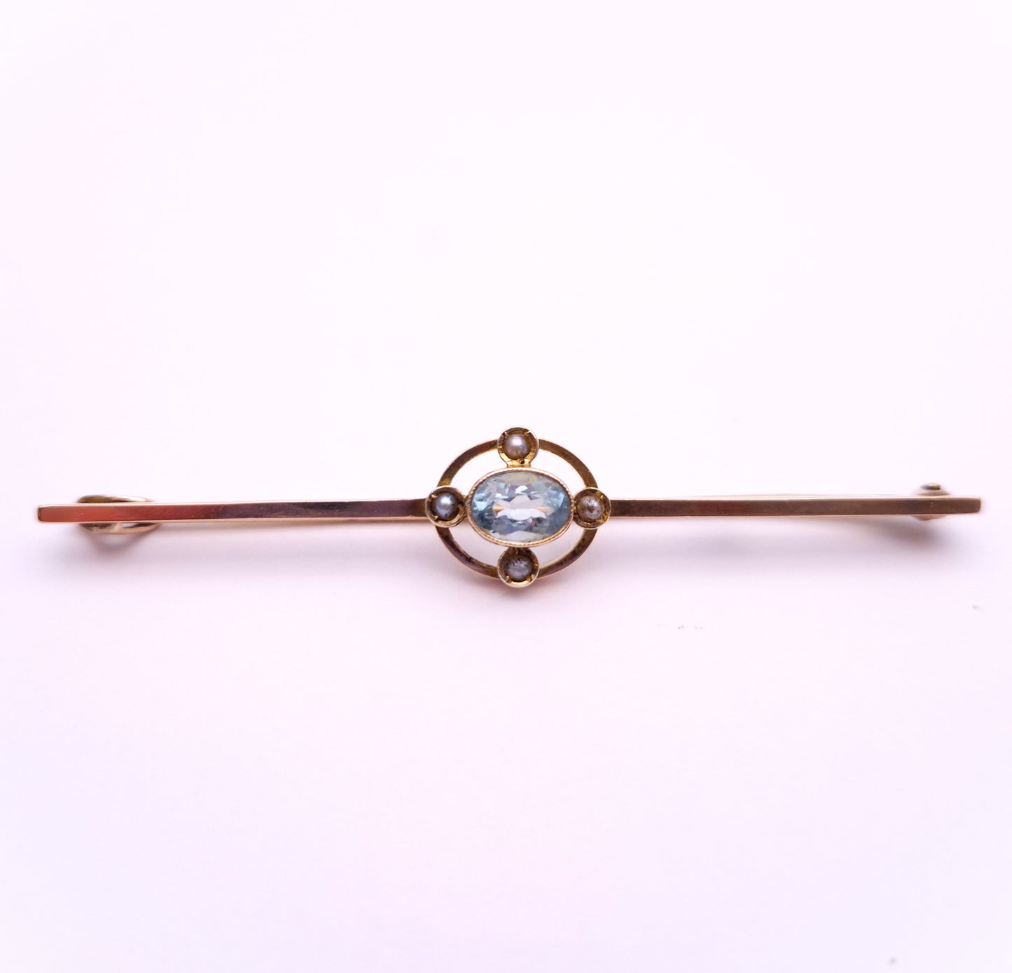 9ct Rose Gold Aquamarine and Seed Pearl Antique Bar Brooch