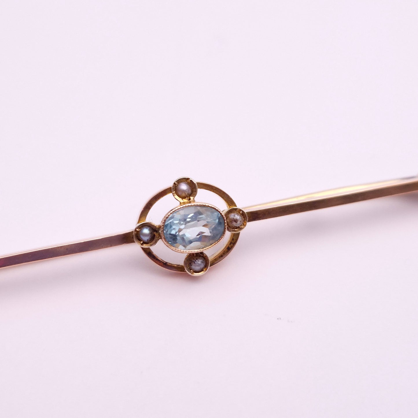 9ct Rose Gold Aquamarine and Seed Pearl Antique Bar Brooch