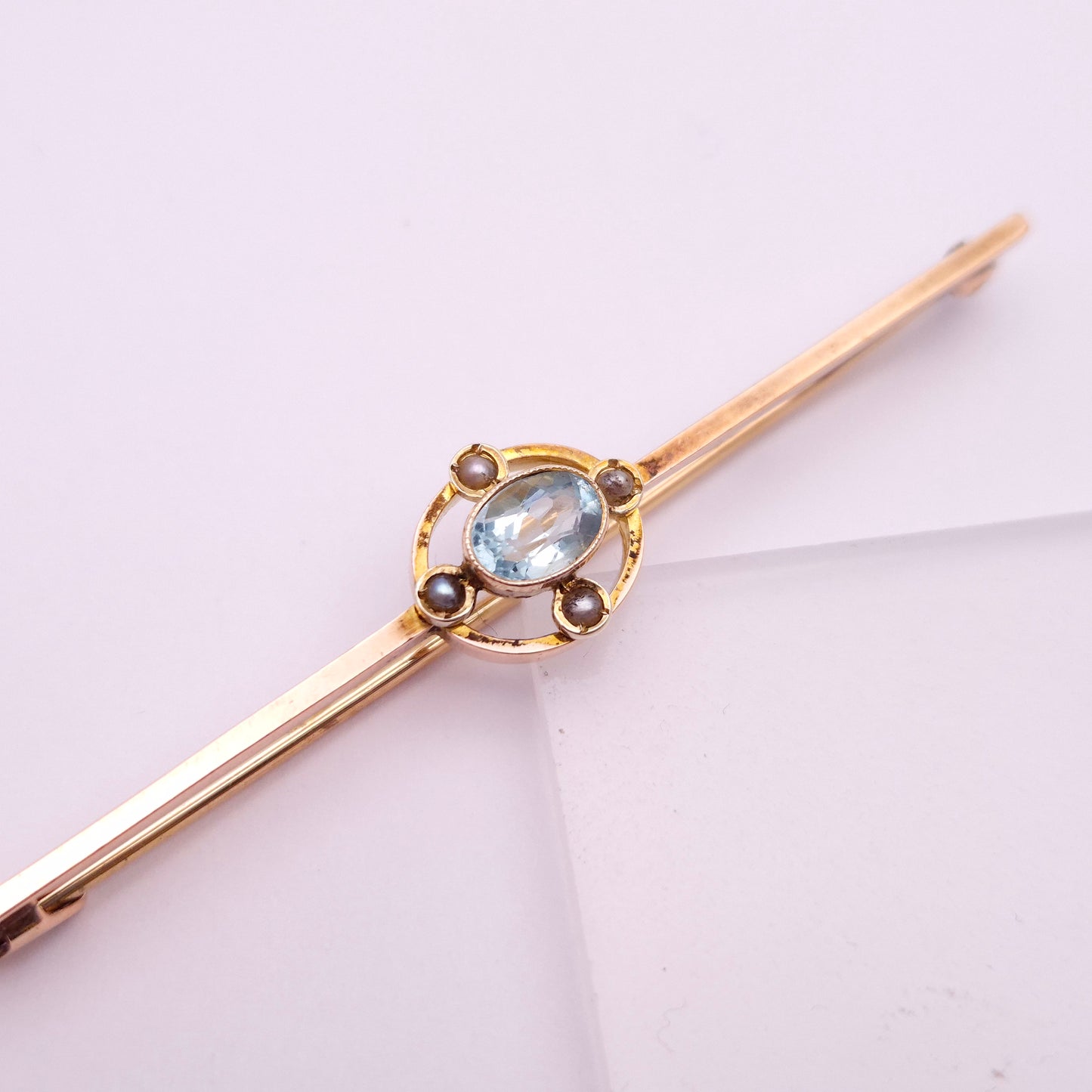 9ct Rose Gold Aquamarine and Seed Pearl Antique Bar Brooch