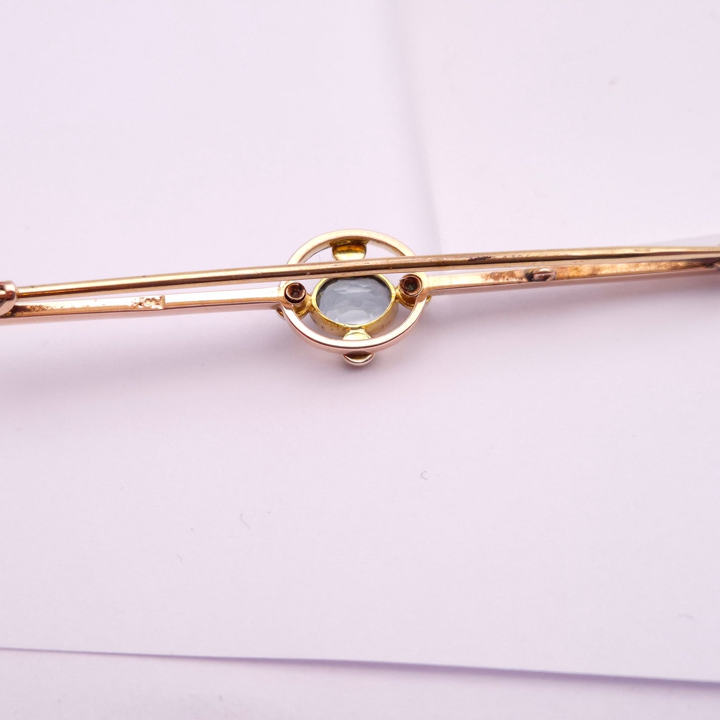 9ct Rose Gold Aquamarine and Seed Pearl Antique Bar Brooch