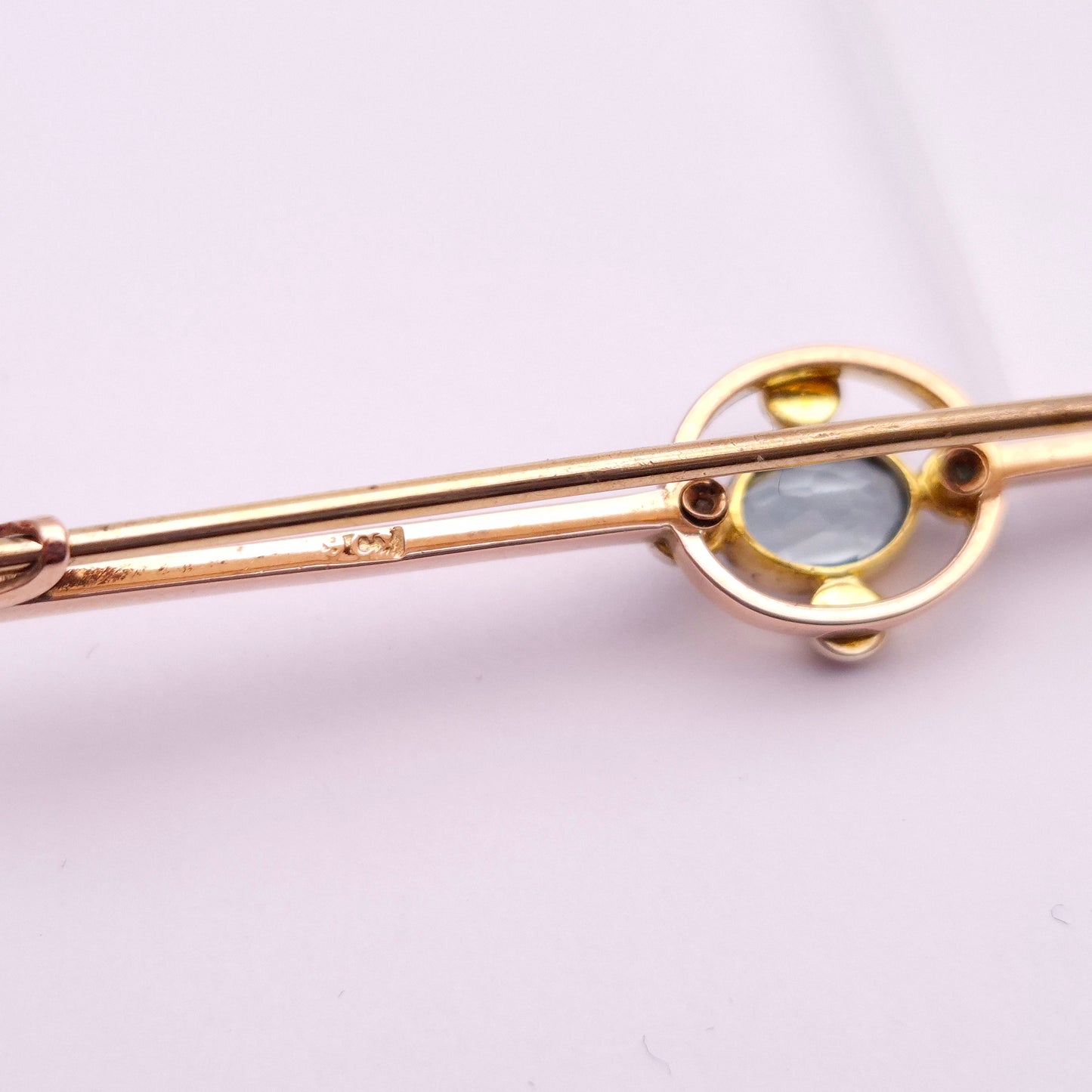 9ct Rose Gold Aquamarine and Seed Pearl Antique Bar Brooch