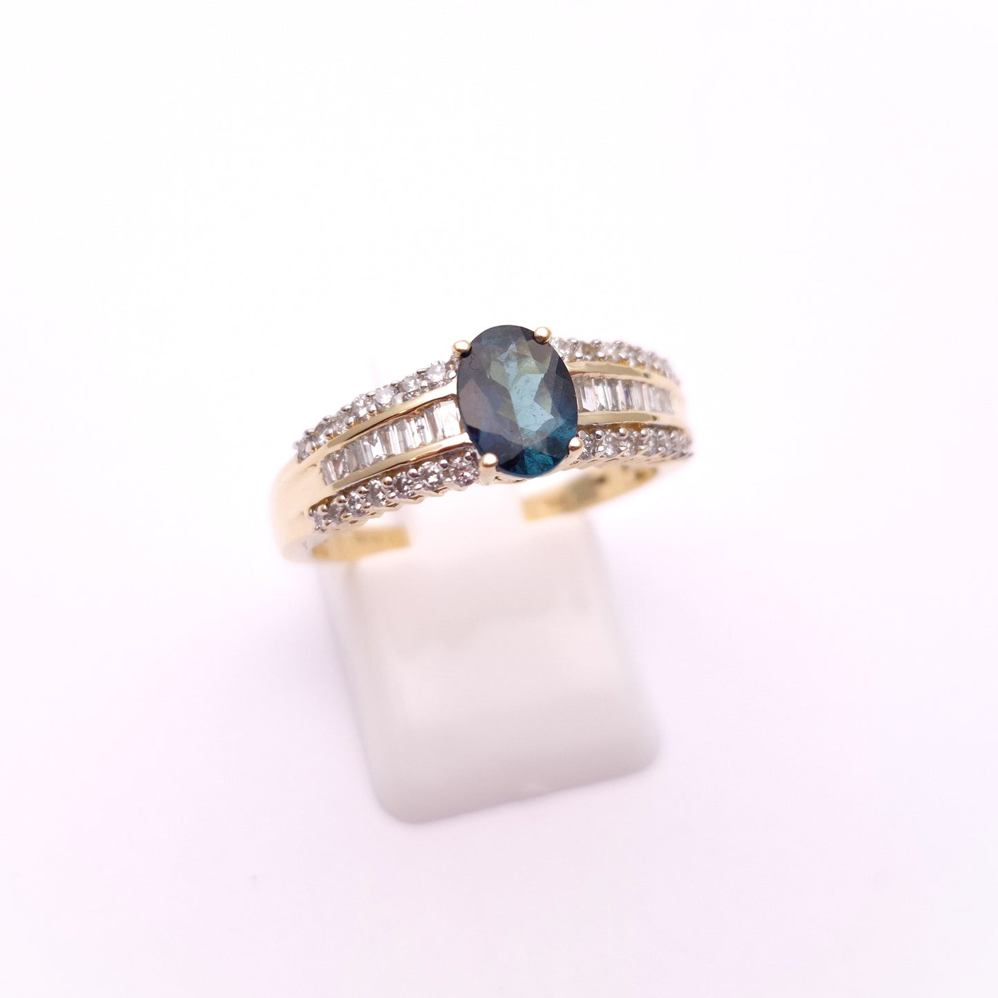 14ct Yellow Gold Blue Tourmaline and Diamond 1/2 Eternity Style Ring