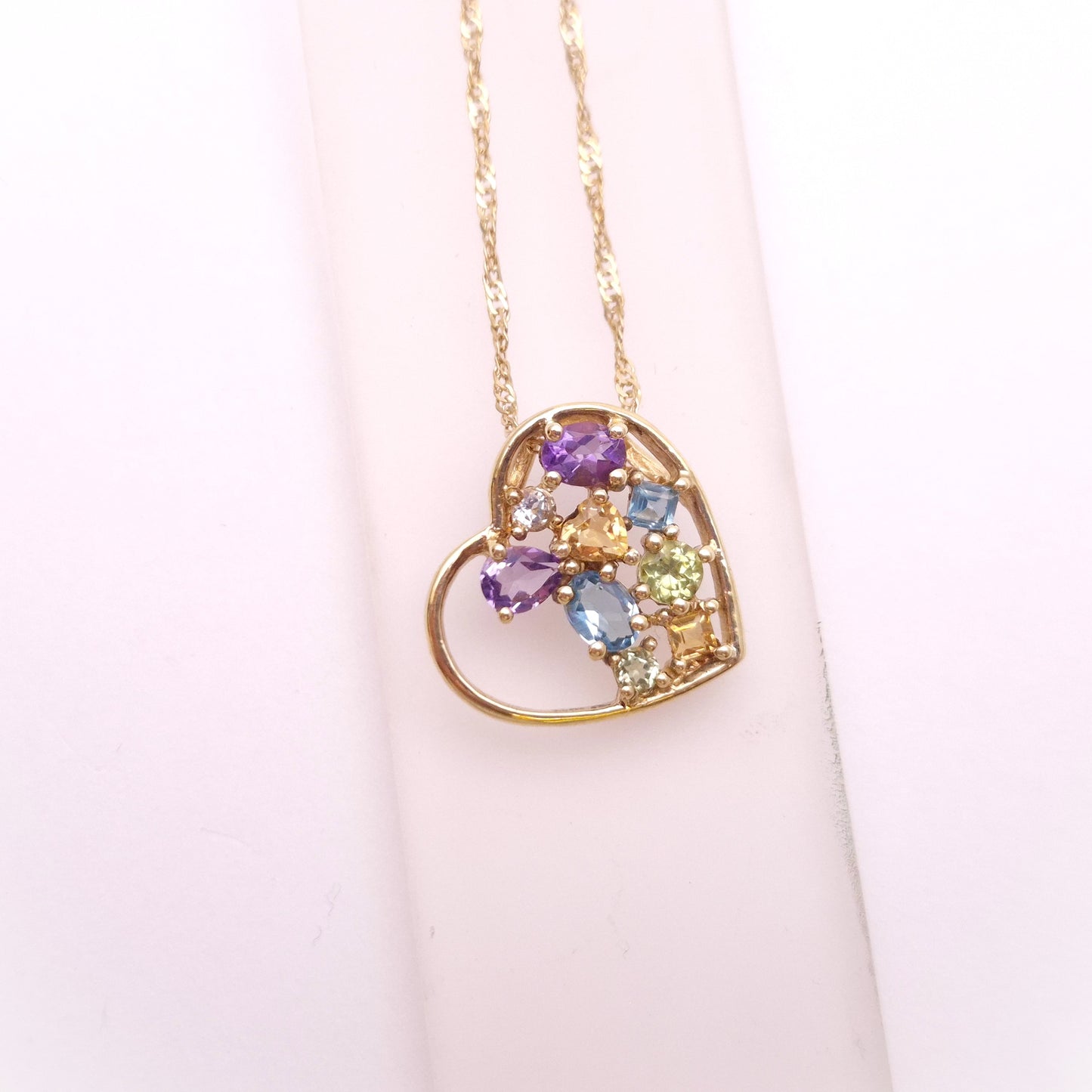 9ct Yellow gold Multicoloured Stone Set Open Heart Pendant and Chain Necklace