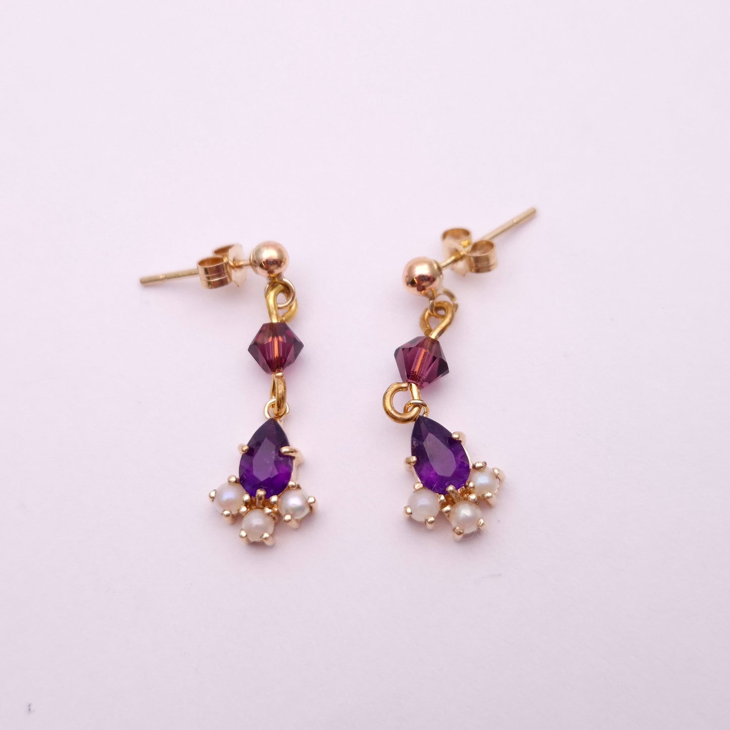 9ct Yellow gold Amethyst and Pearl Drop Earrings
