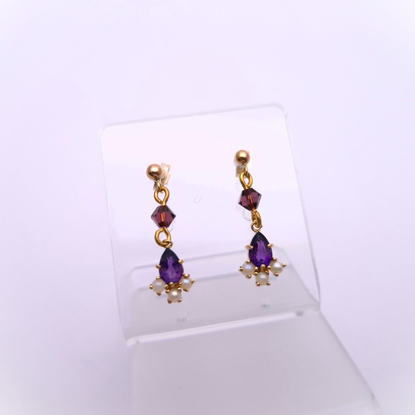9ct Yellow gold Amethyst and Pearl Drop Earrings