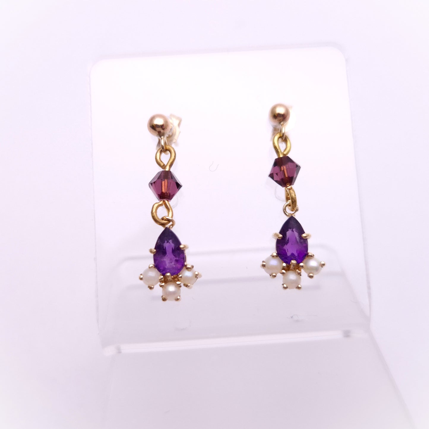 9ct Yellow gold Amethyst and Pearl Drop Earrings