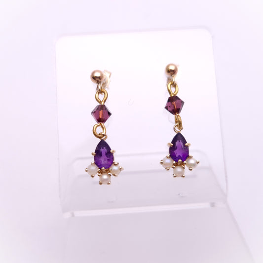 9ct Yellow gold Amethyst and Pearl Drop Earrings