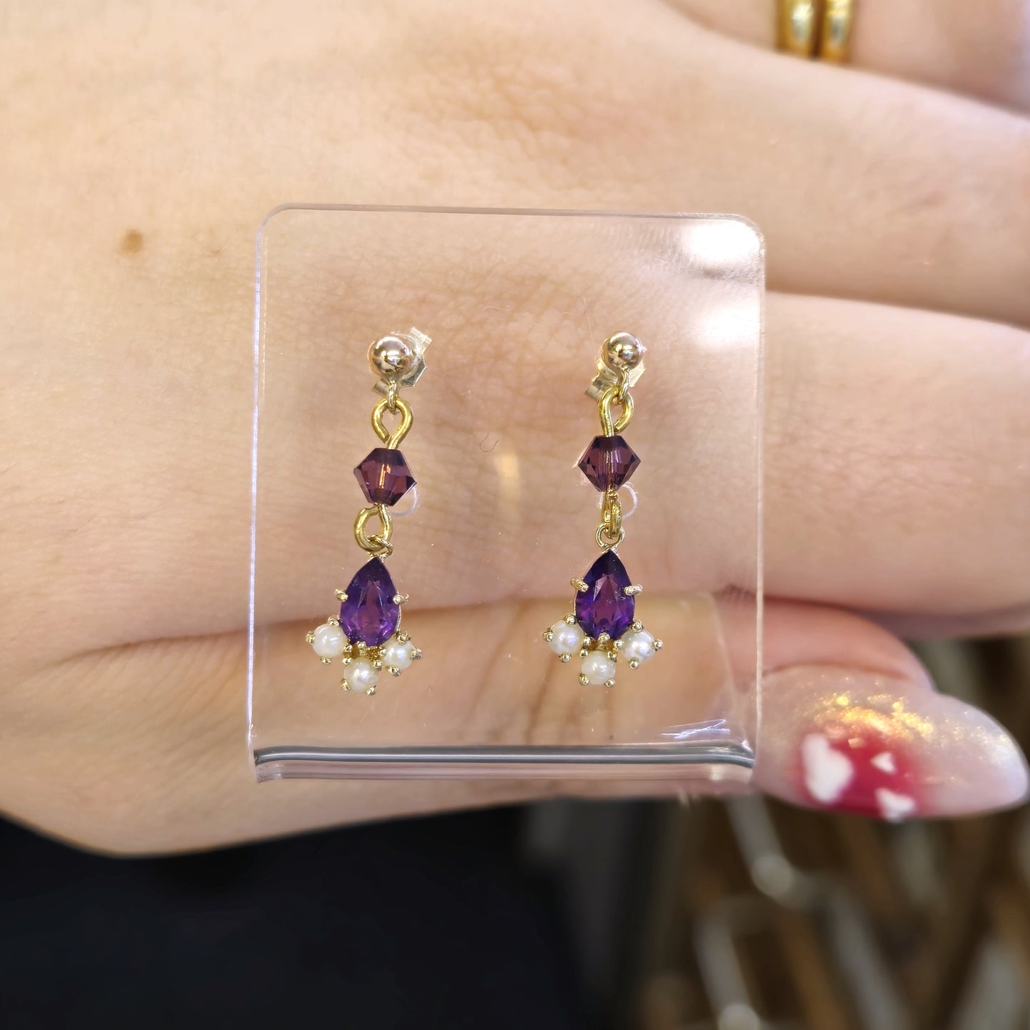 9ct Yellow gold Amethyst and Pearl Drop Earrings