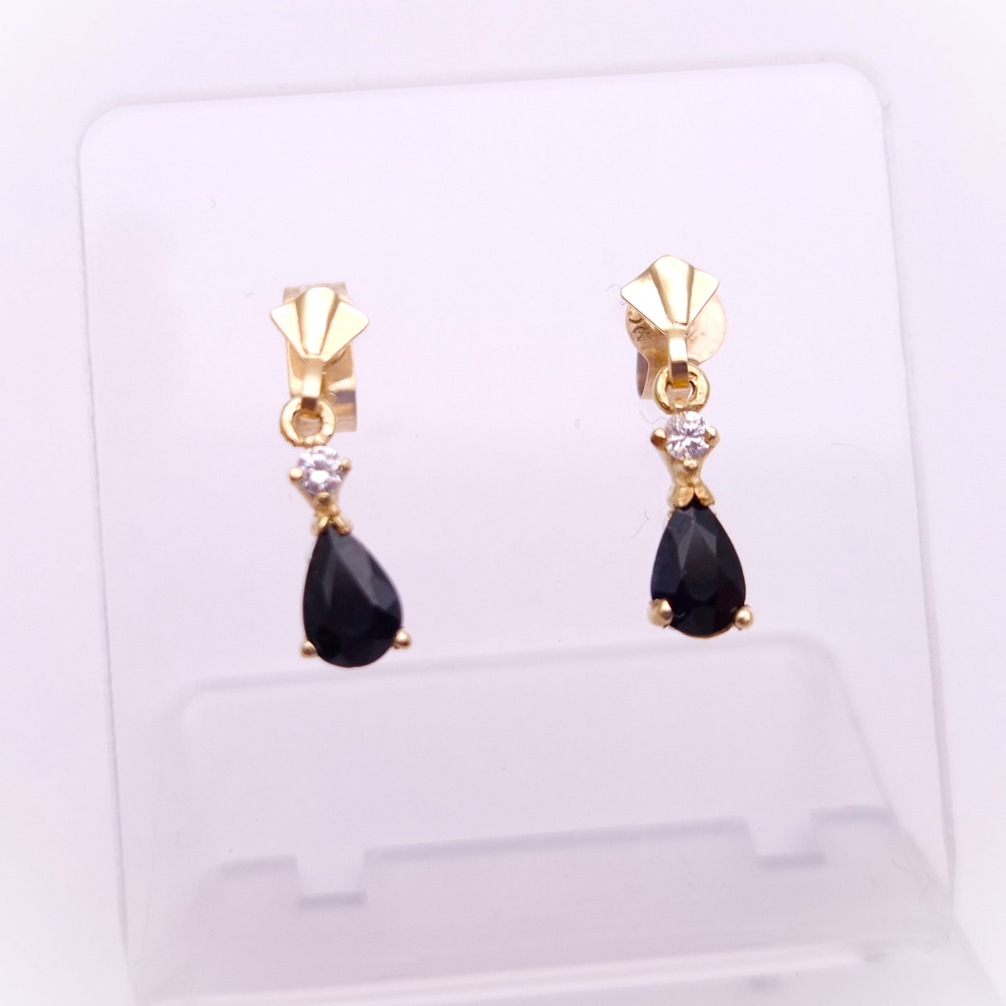 9ct Yellow gold Dark Sapphire and CZ Drop Earrings