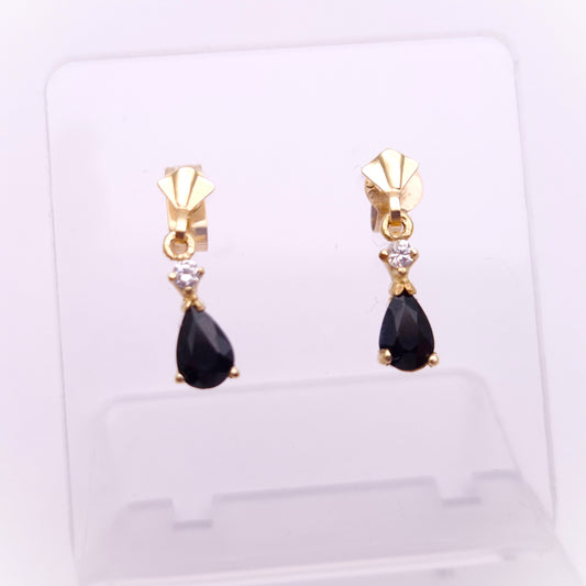 9ct Yellow gold Dark Sapphire and CZ Drop Earrings