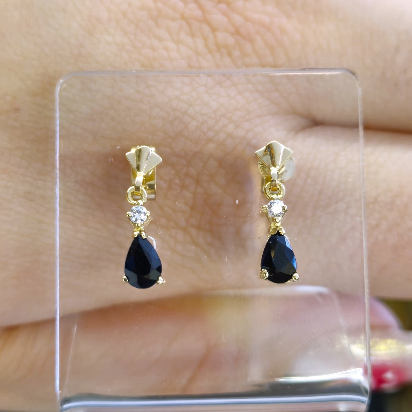 9ct Yellow gold Dark Sapphire and CZ Drop Earrings