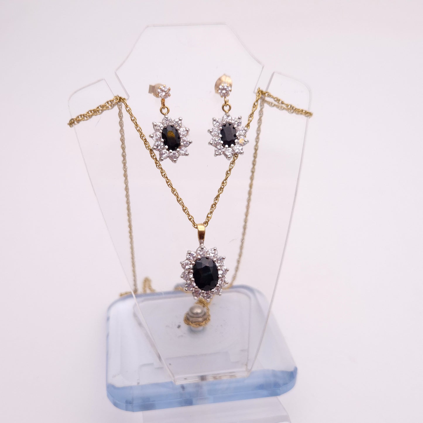 9ct Yellow Gold Sapphire and Cubic Zirconia Cluster Necklace and Earring Set