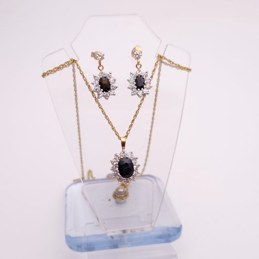 9ct Yellow Gold Sapphire and Cubic Zirconia Cluster Necklace and Earring Set