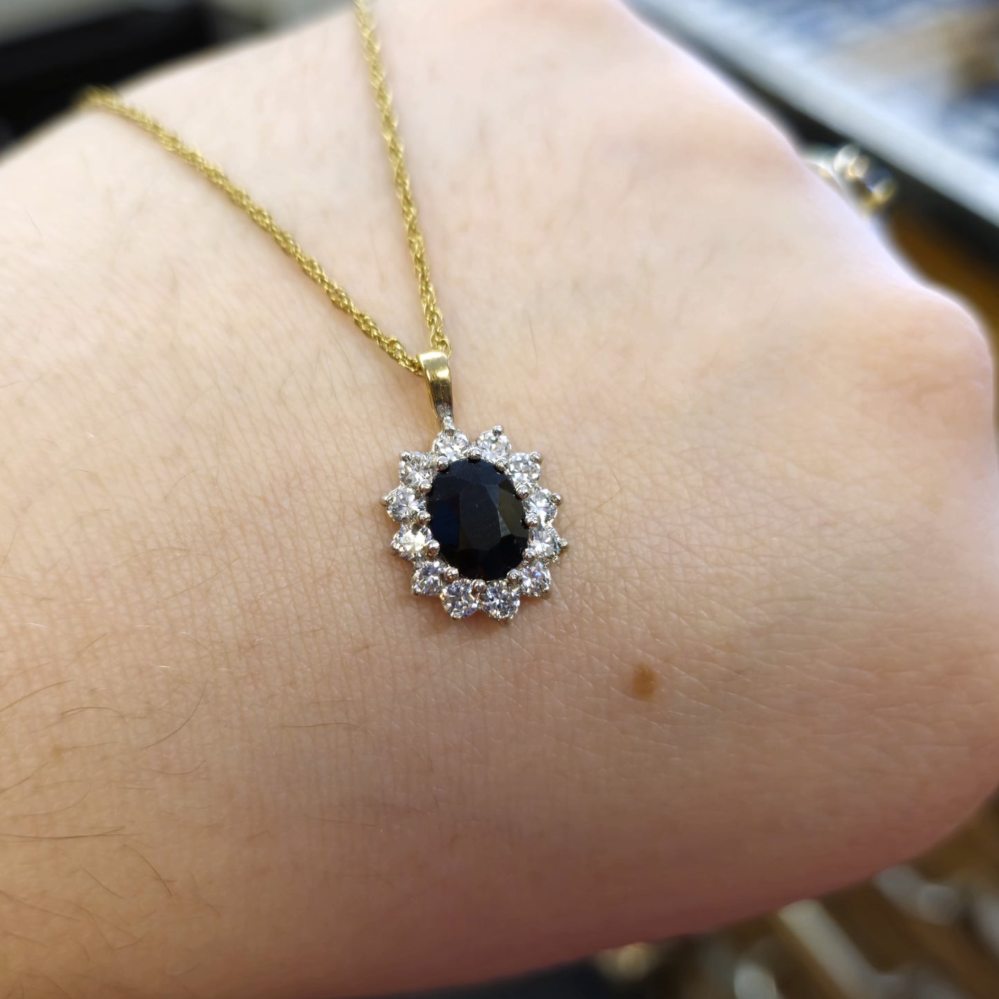 9ct Yellow Gold Sapphire and Cubic Zirconia Cluster Necklace and Earring Set