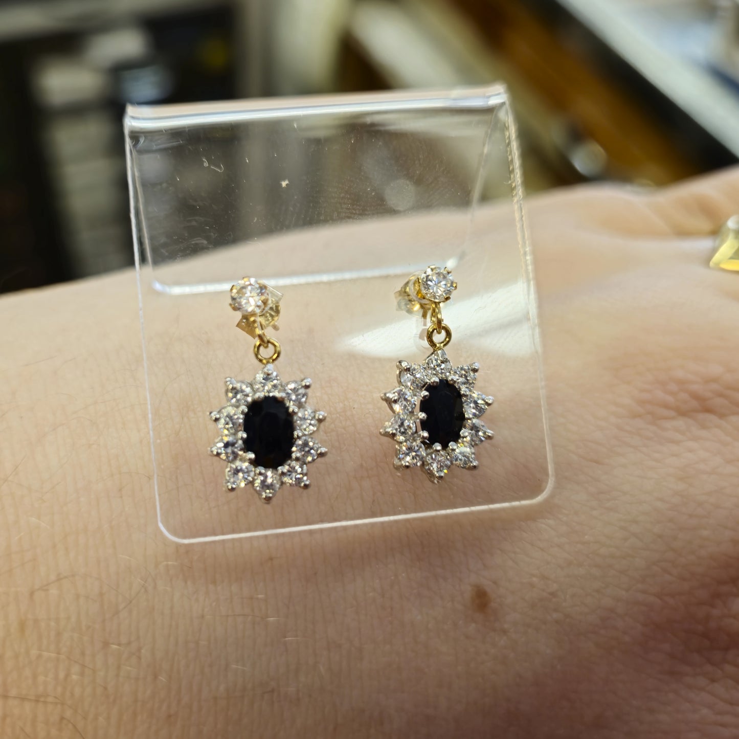 9ct Yellow Gold Sapphire and Cubic Zirconia Cluster Necklace and Earring Set