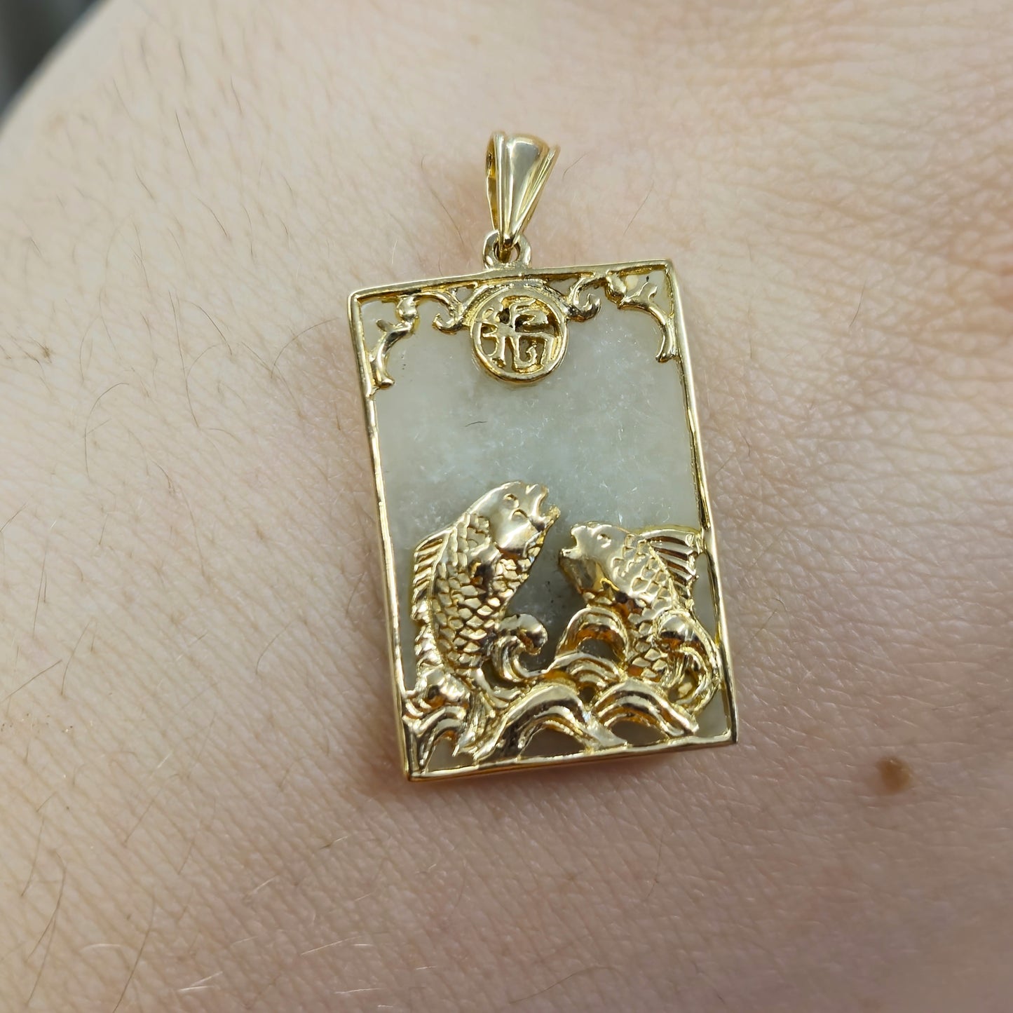 9ct Yellow Gold Jade Fish Panel Pendant Piece