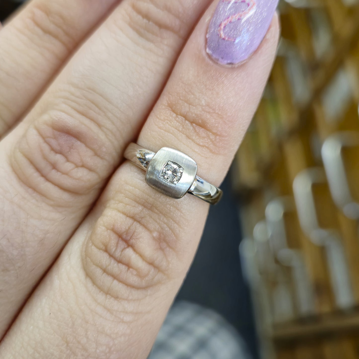 9ct white Gold Diamond Brushed Effect Square Solitaire Ring